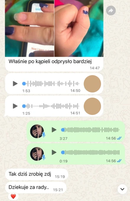 Fragment rozmowy z kursantką — wymiana wiadomości głosowych i podziękowanie